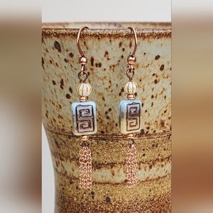 #24 Blue, Cream & Copper Dangle Leverback Style Earrings - Handmade